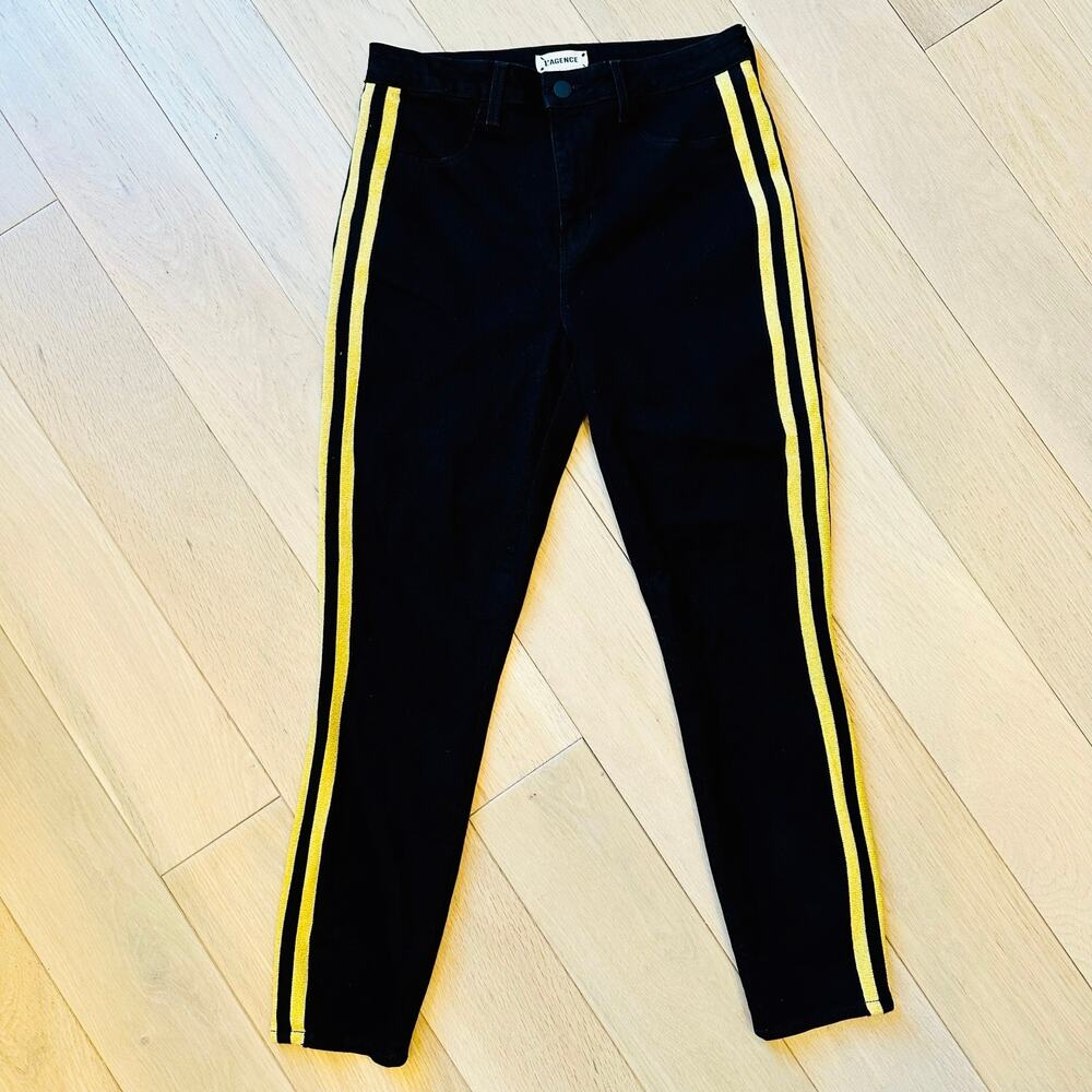 L'Agence Margot Skinny Jeans Black Shimmering Gold Stripe Sz 28 - Picture 2 of 8